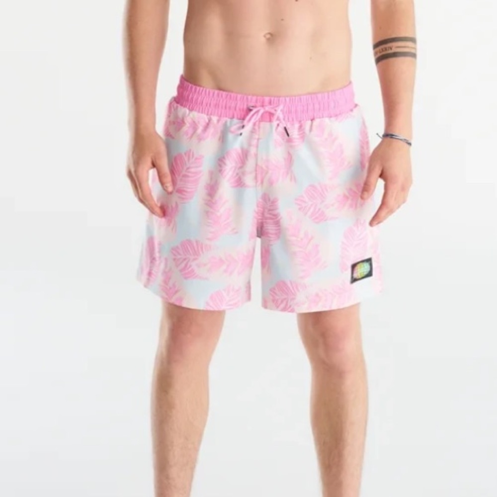 SLUNKS BASJOO MEN’S SHORTS LIGHT BLUE WITH PINK PALM LEAVES - S,M